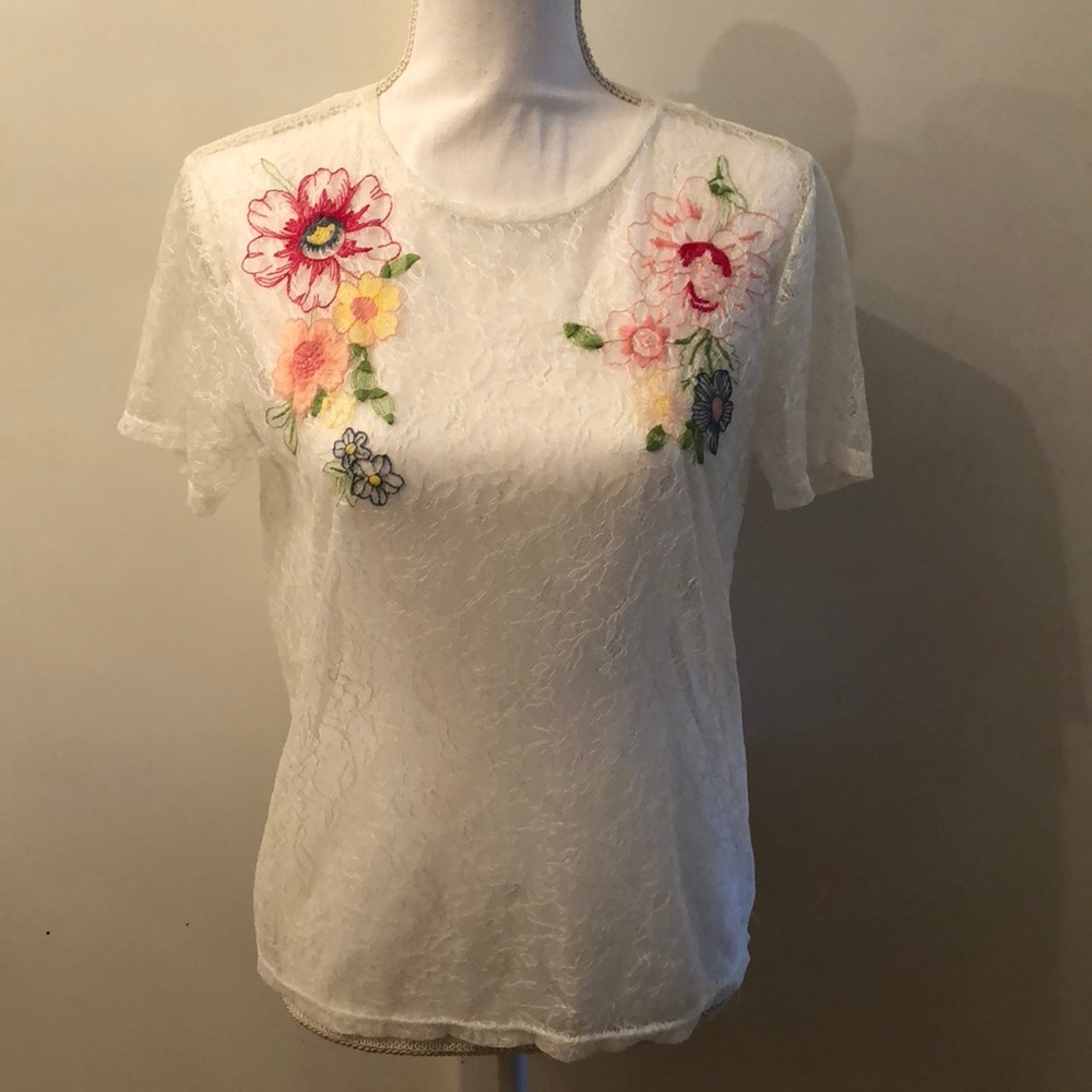 Zara sheer lace top with Flower embroidery detail.